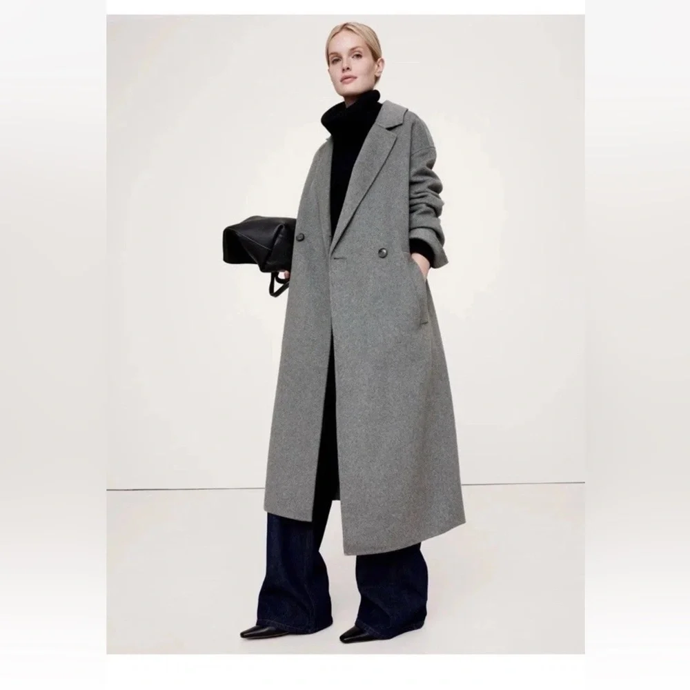 NWT! Banana Republic Black DOUBLE-FACED WRAP COAT Small S jacket wool blend - Picture 2 of 9